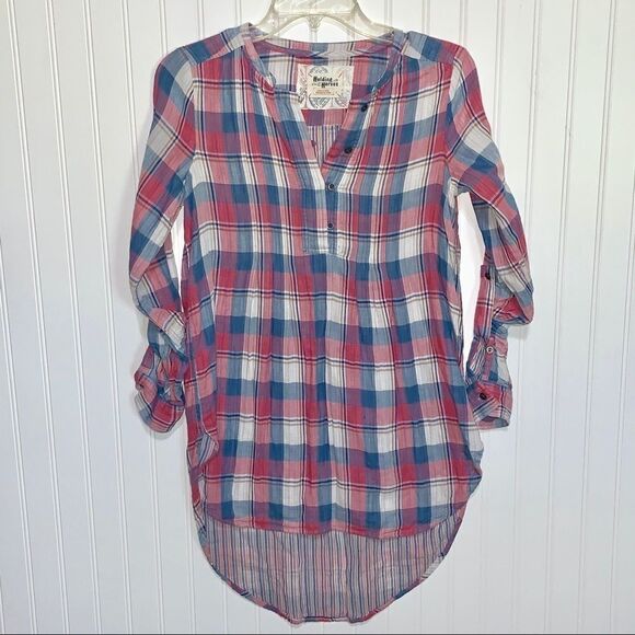 (BOGO FREE) Anthropologie Holding Horses Pink Plaid Gauze Top Shirt sz 2 - Picture 3 of 5